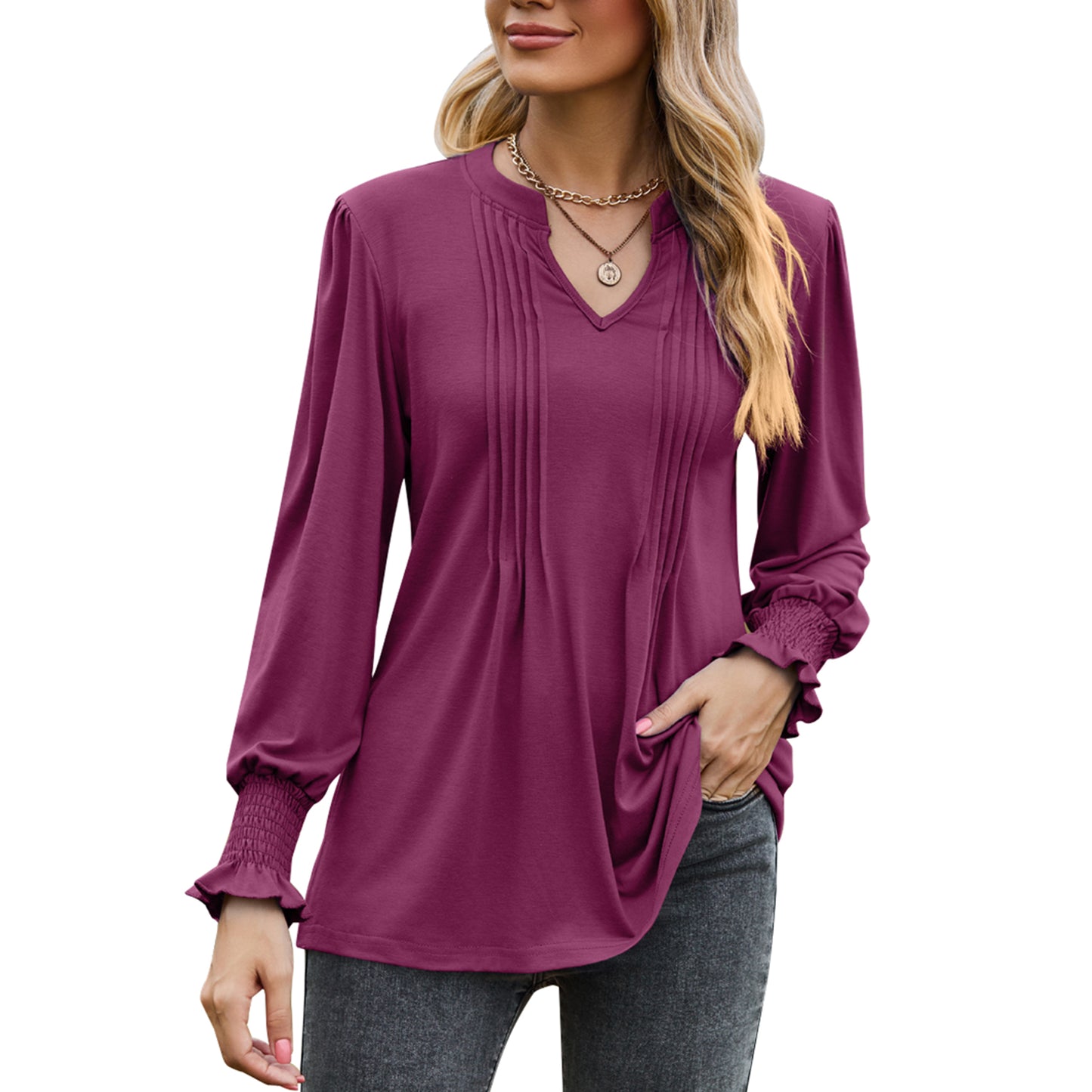 MOMOFEEL Womens Tunic Tops Puff Long Sleeve Blouses Loose Fit Pleated V Neck Shirts M9013