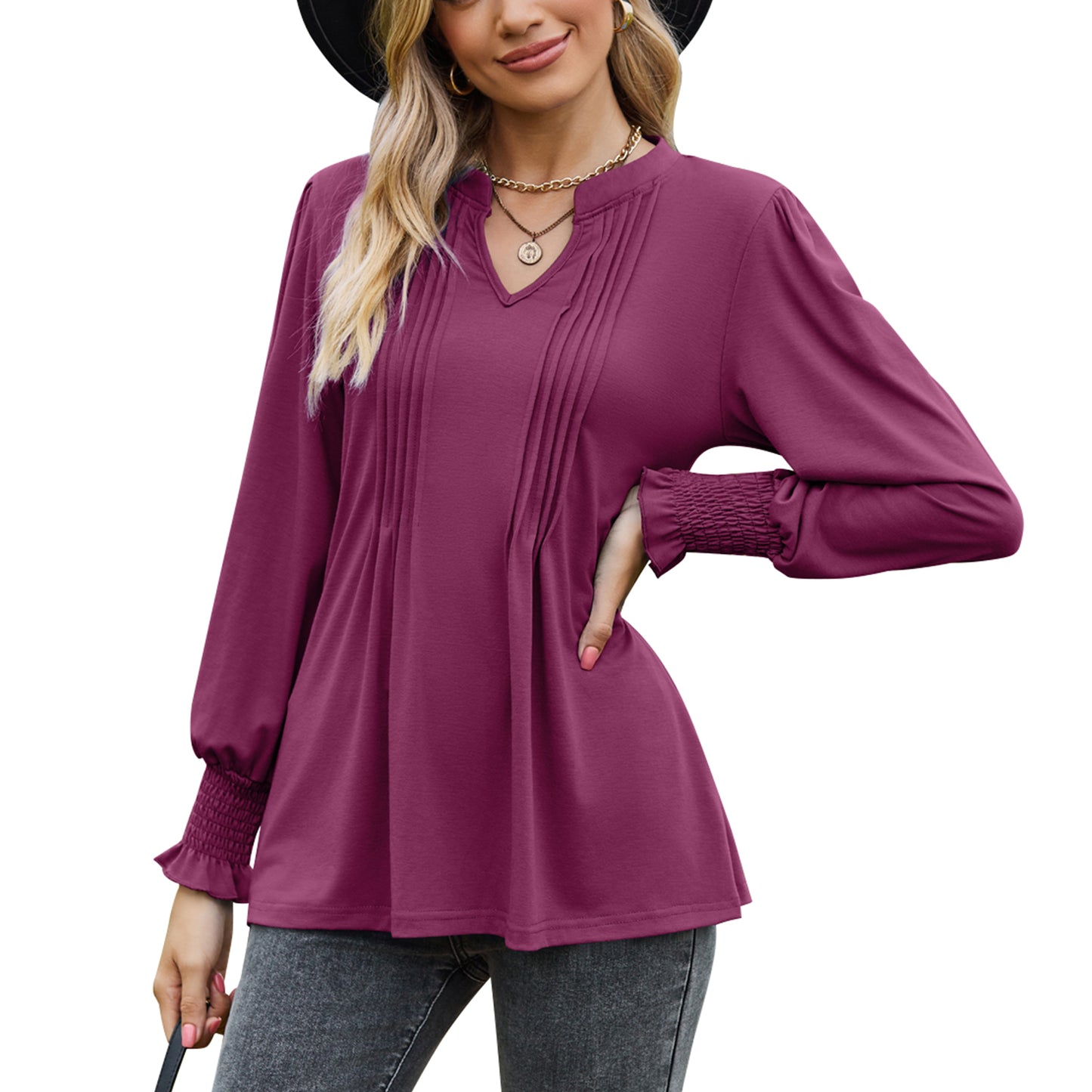 MOMOFEEL Womens Tunic Tops Puff Long Sleeve Blouses Loose Fit Pleated V Neck Shirts M9013