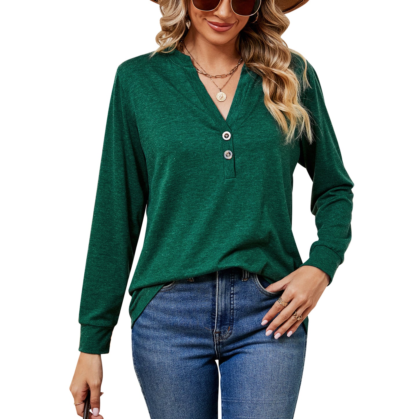 MOMOFEEL Womens Long Sleeve Shirts Casual V Neck Tunic Tops Henley Loose Pullover Blouses M9006