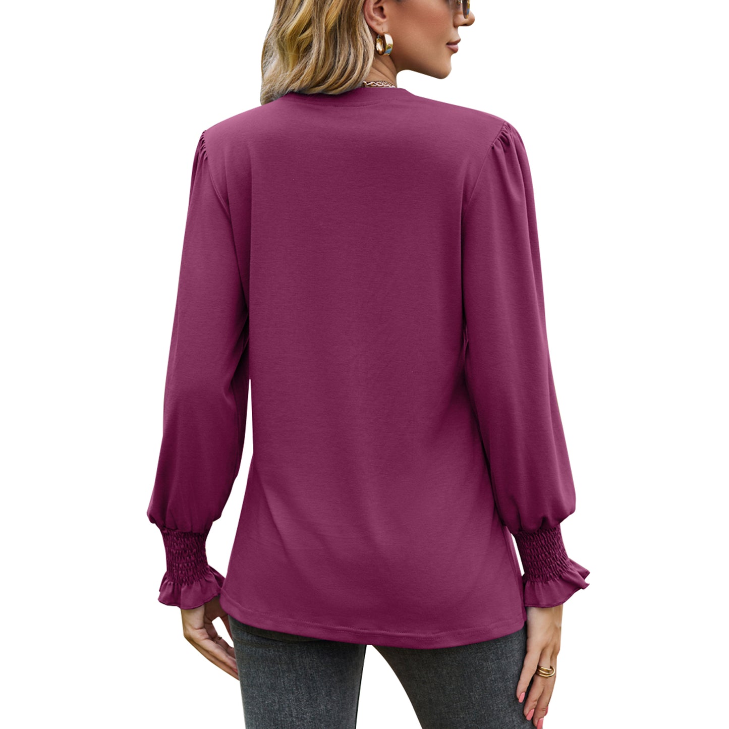 MOMOFEEL Womens Tunic Tops Puff Long Sleeve Blouses Loose Fit Pleated V Neck Shirts M9013