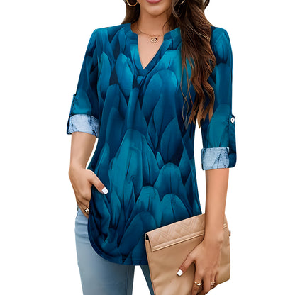 MOMOFEEL Women's Roll Up 3/4 Sleeve Tops Floral Printed Tunic Blouses V Neck Casual Shirts Casual M9014