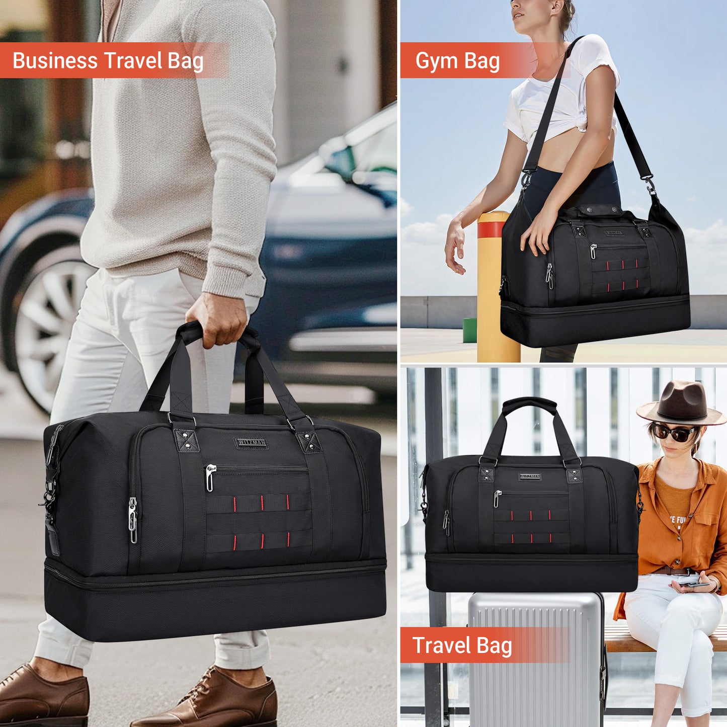 WITZMAN Travel Duffle Bags for Men Weekender Bags with Toiletry Bag Sets Carry On Overnight Bag 55L（B696 ）