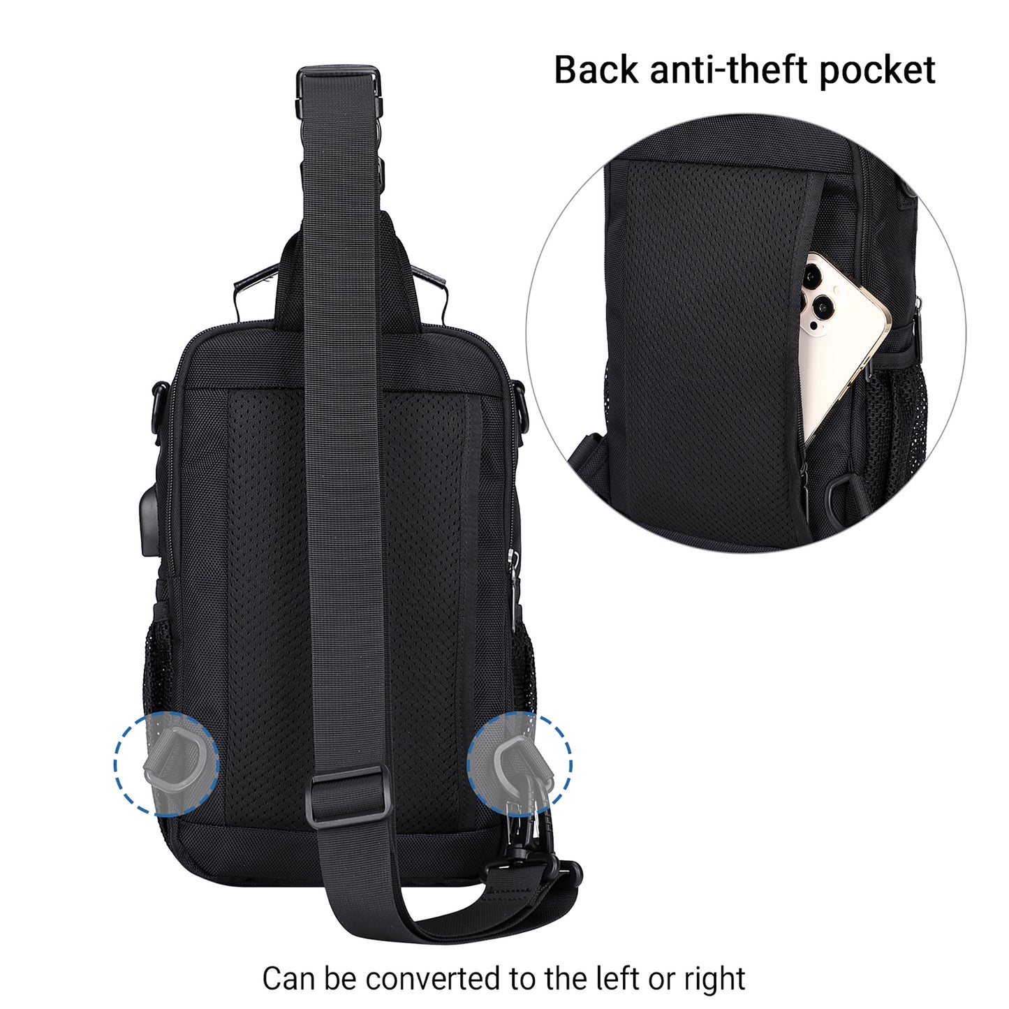 WITZMAN Sling Bag for Men Convertible Travel Sling Backpack USB Charging Port Lightweight Crossbody Bags Casual Daypack（B698）
