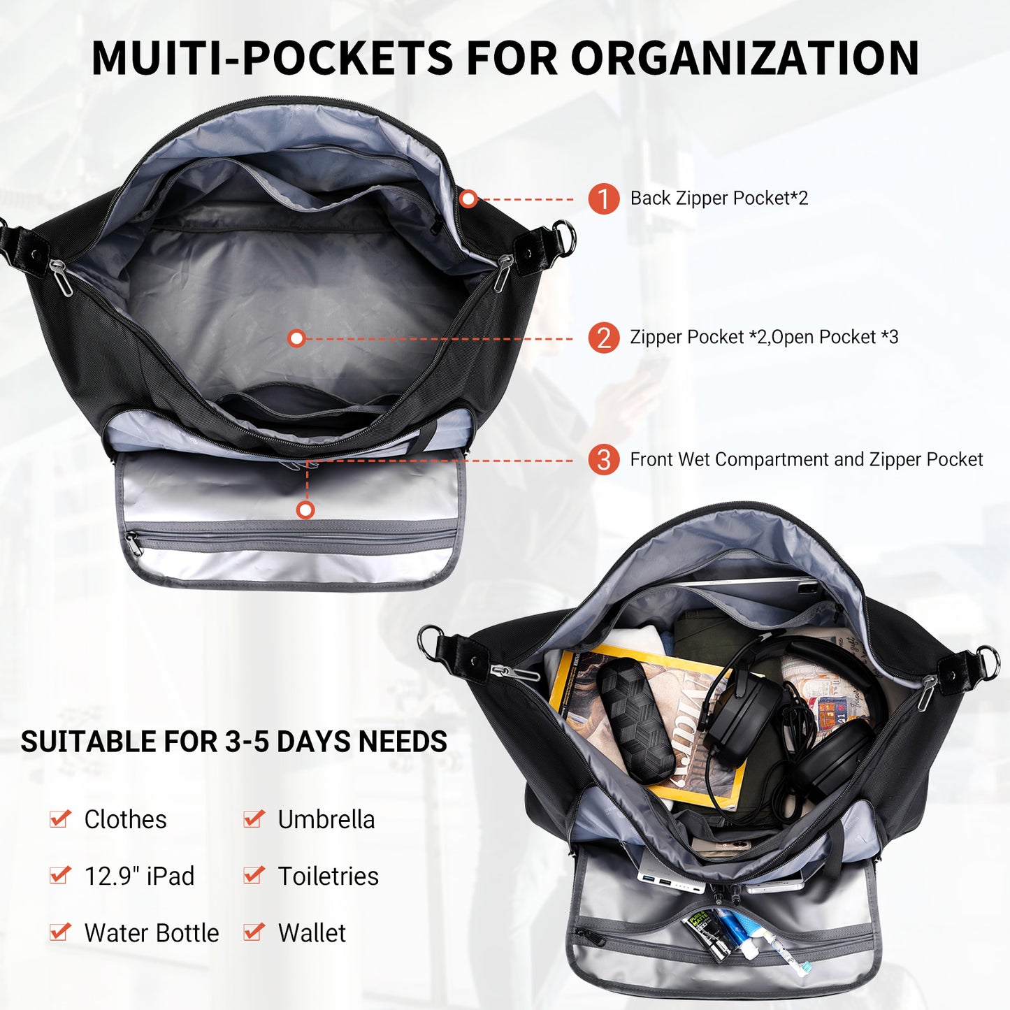 WITZMAN Travel Duffle Bags for Men Weekender Bags with Toiletry Bag Sets Carry On Overnight Bag 55L（B696 ）