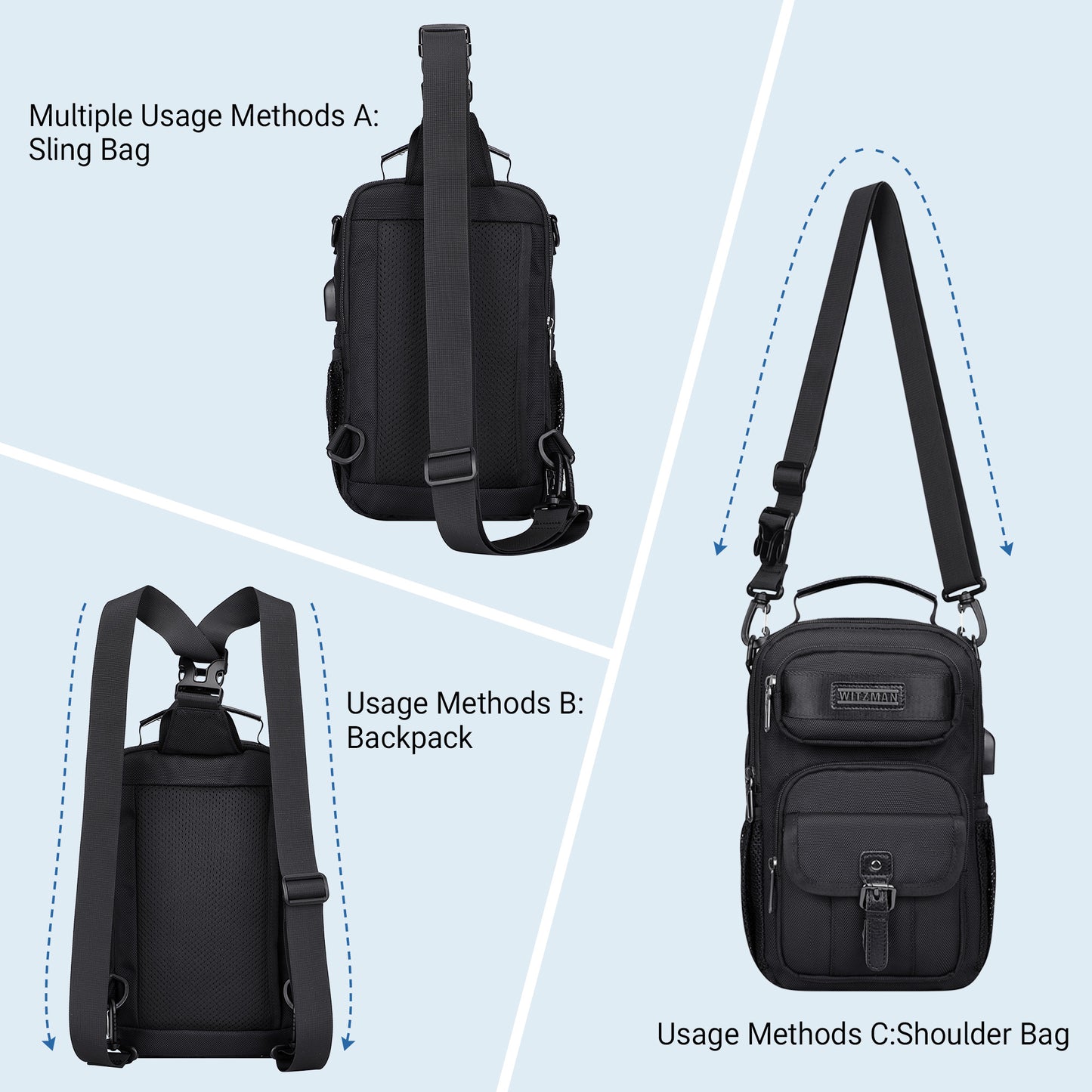 WITZMAN Sling Bag for Men Convertible Travel Sling Backpack USB Charging Port Lightweight Crossbody Bags Casual Daypack（B698）