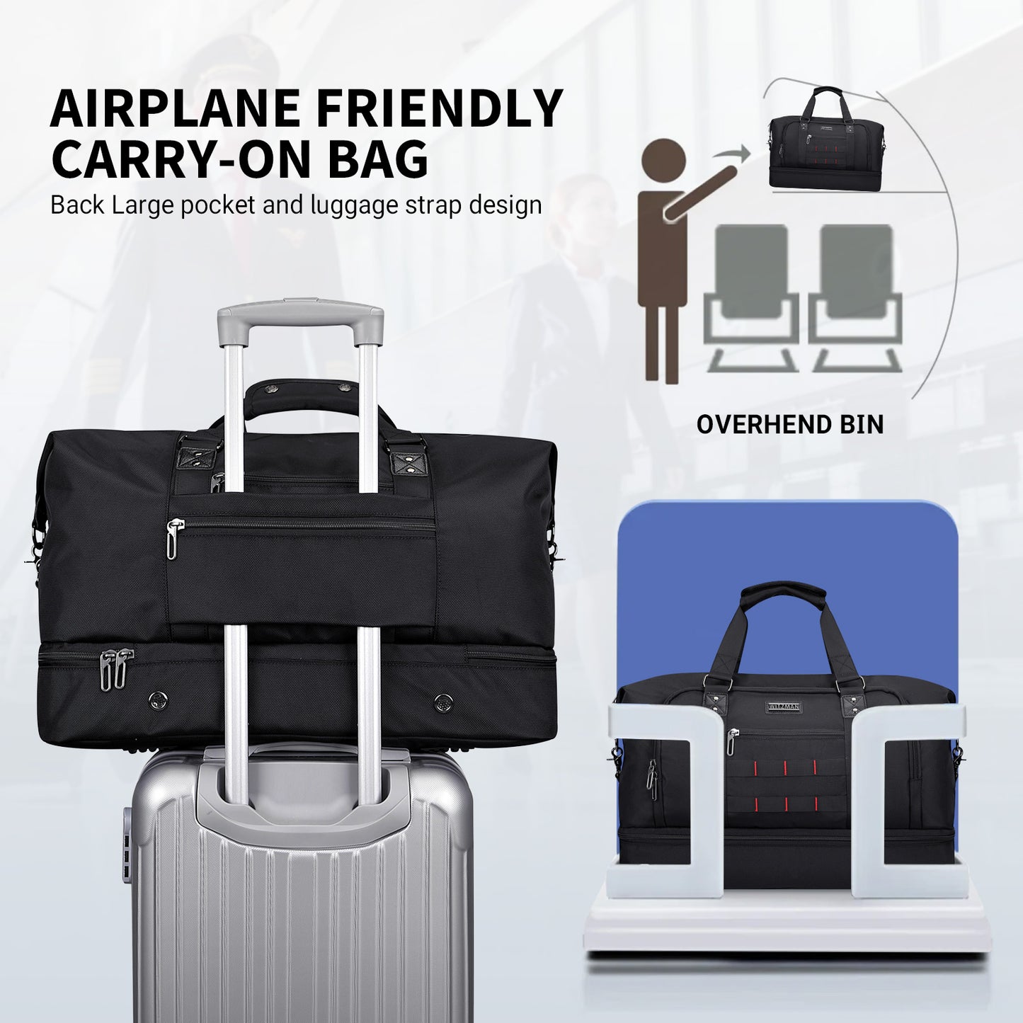 WITZMAN Travel Duffle Bags for Men Weekender Bags with Toiletry Bag Sets Carry On Overnight Bag 55L（B696 ）