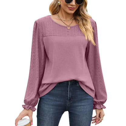 MOMOFEEL Puff Lace Long Sleeve Shirts for Women Crewneck Tunic Tops Waffle Knit Blouse Casual M9005