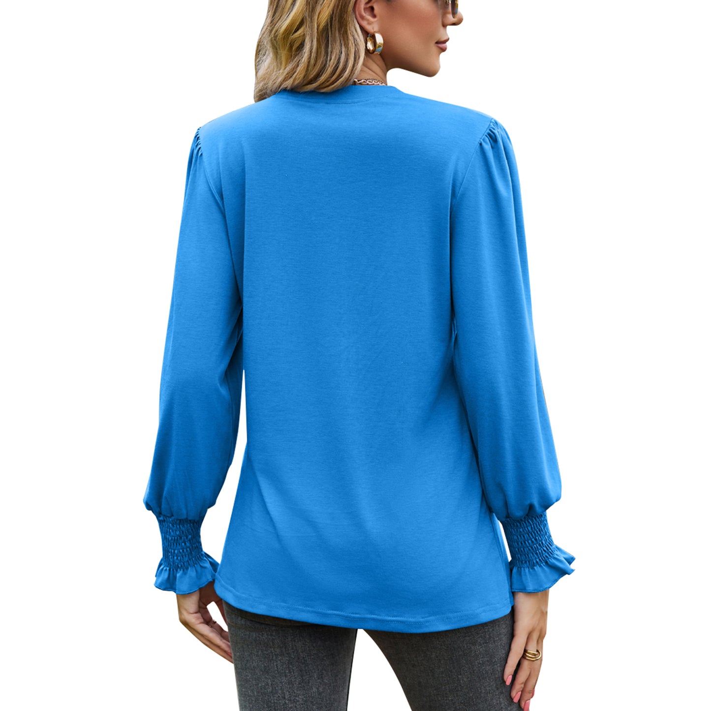 MOMOFEEL Womens Tunic Tops Puff Long Sleeve Blouses Loose Fit Pleated V Neck Shirts M9013