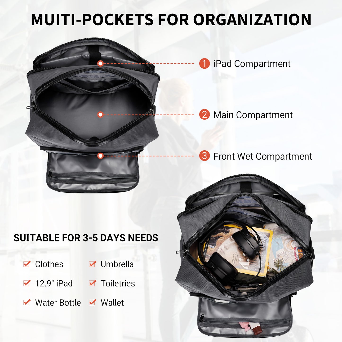 WITZMAN Weekender Bags for Men Women Carry On Duffle Overnight Bag with Toiletry Bag Sets Travel Duffel Bag Shoes Compartment（B694）