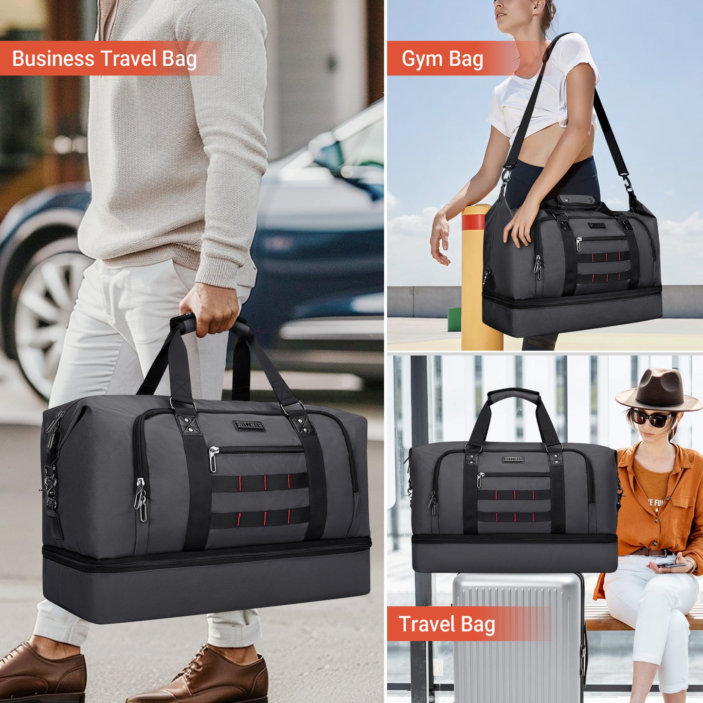 WITZMAN Travel Duffle Bags for Men Weekender Bags with Toiletry Bag Sets Carry On Overnight Bag 55L（B696 ）