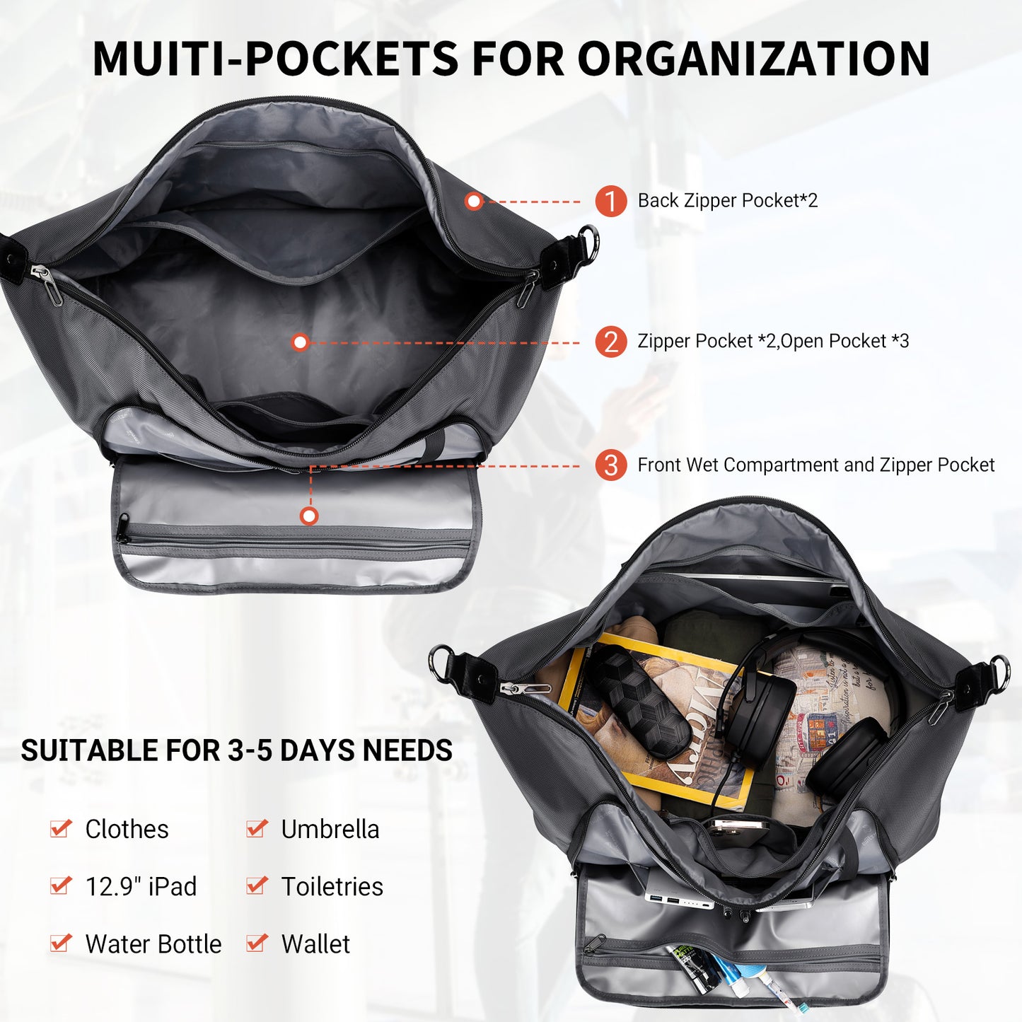 WITZMAN Travel Duffle Bags for Men Weekender Bags with Toiletry Bag Sets Carry On Overnight Bag 55L（B696 ）