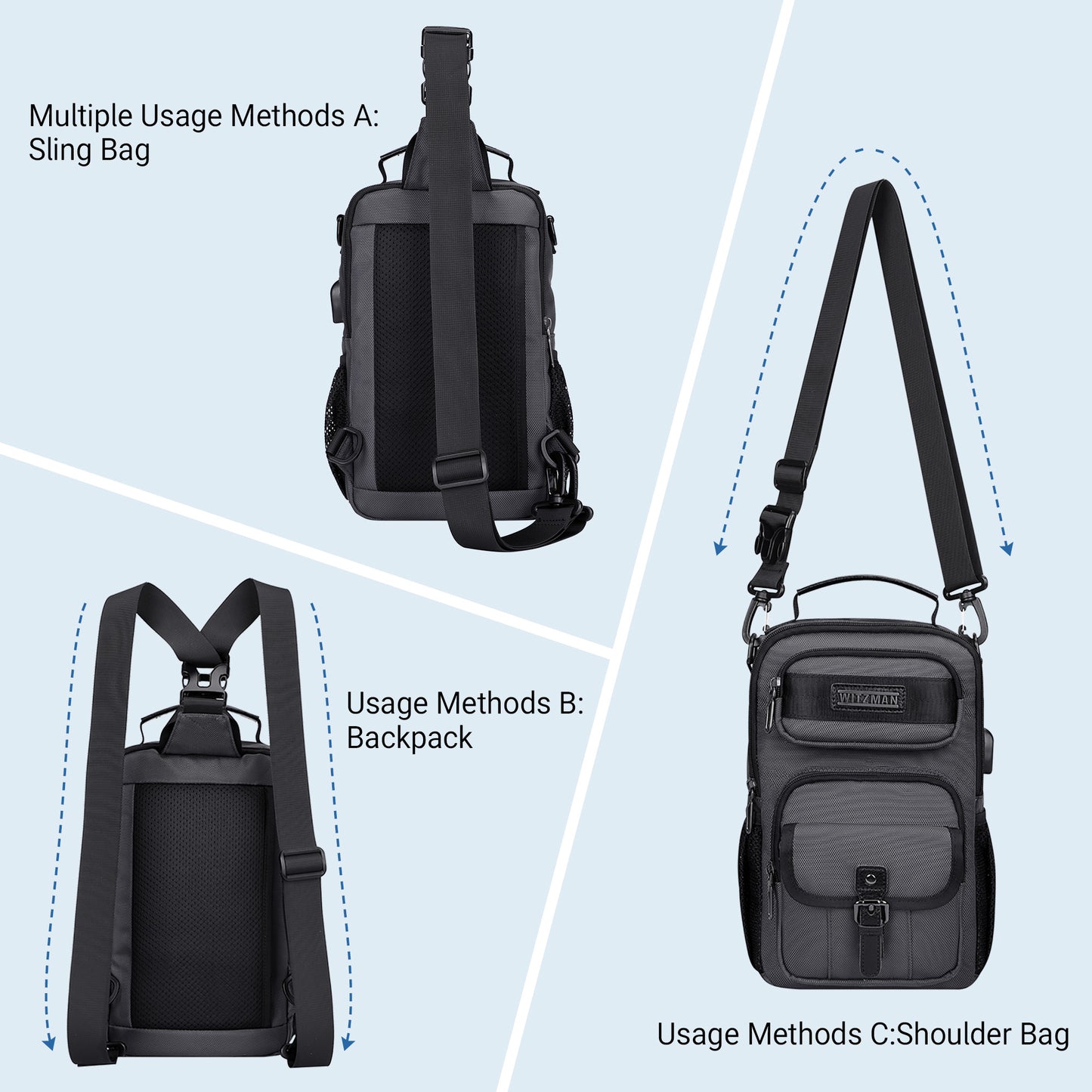 WITZMAN Sling Bag for Men Convertible Travel Sling Backpack USB Charging Port Lightweight Crossbody Bags Casual Daypack（B698）