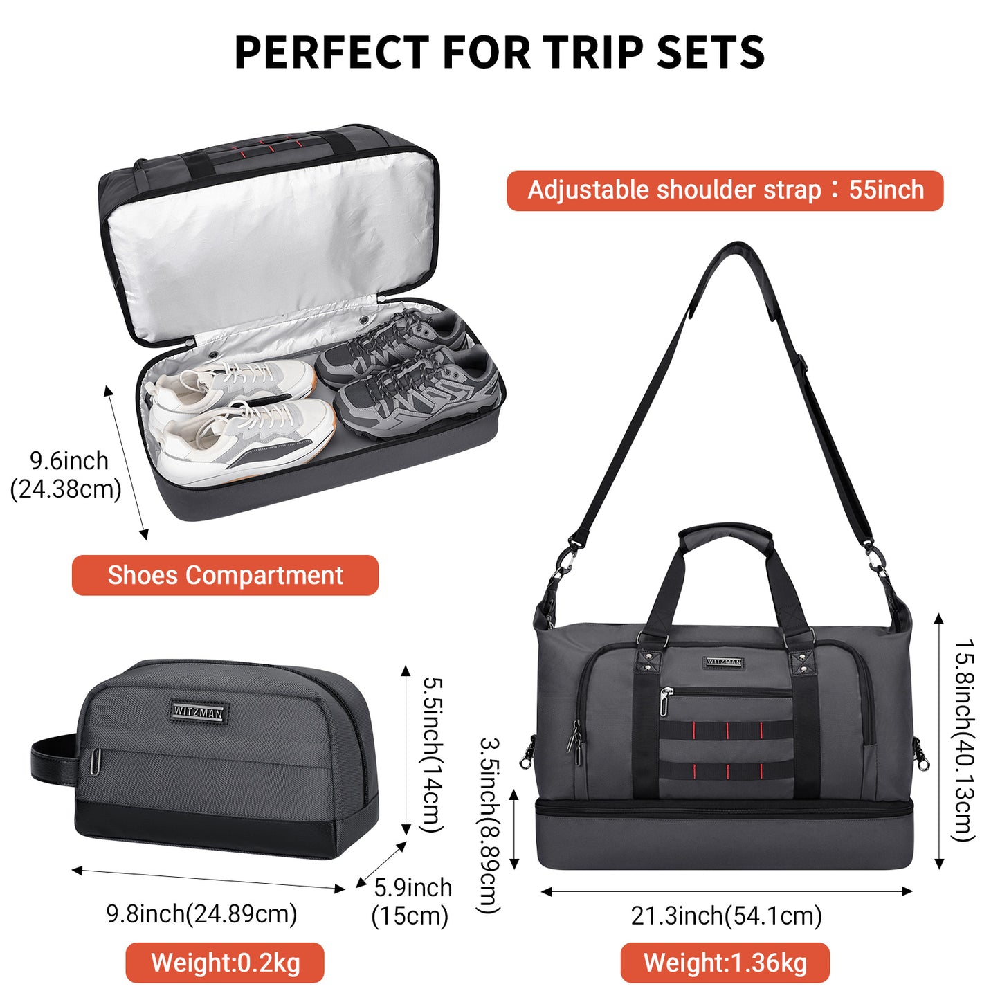WITZMAN Travel Duffle Bags for Men Weekender Bags with Toiletry Bag Sets Carry On Overnight Bag 55L（B696 ）
