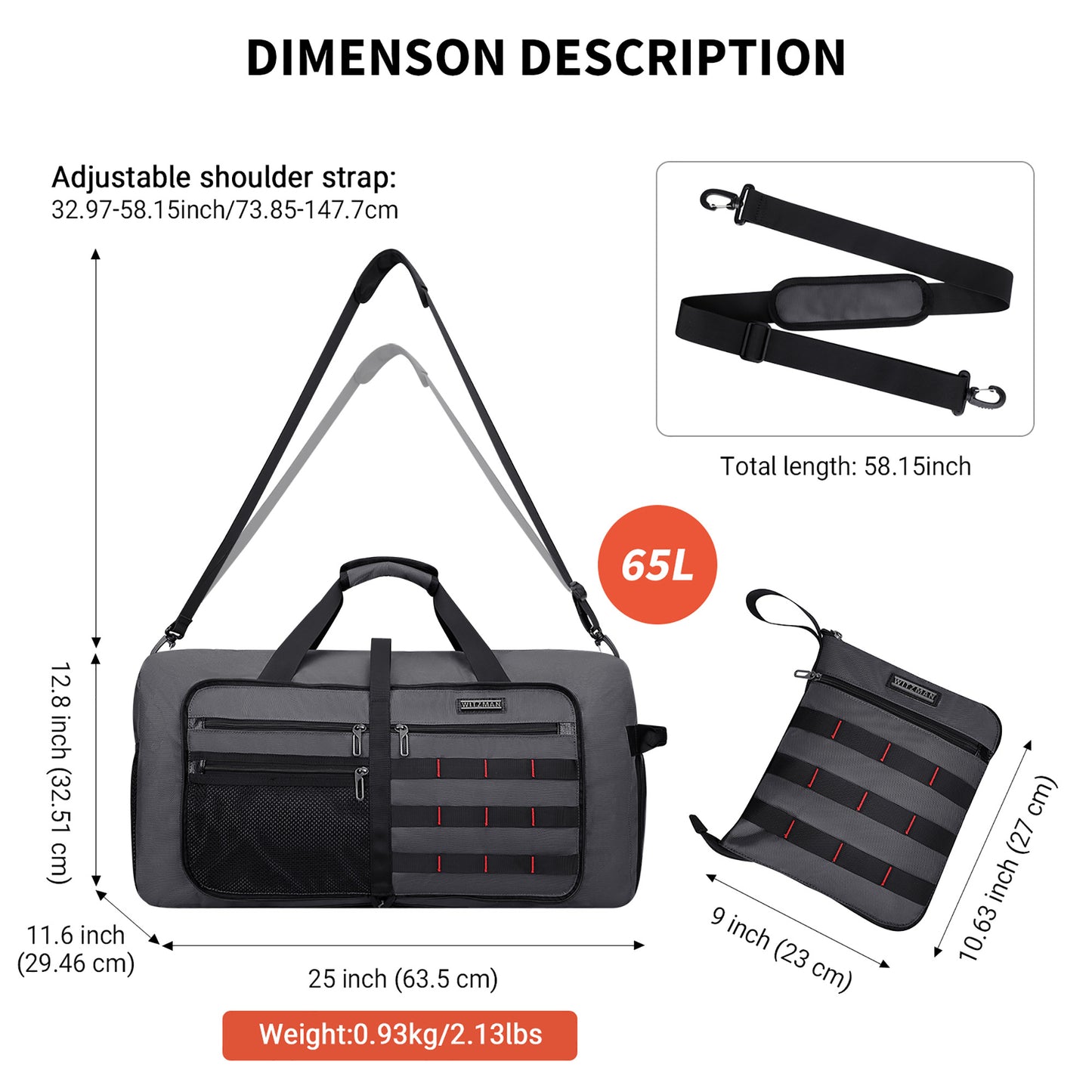 WITZMAN Foldable Duffle Bag for Travel 65L Lightweight Packable Duffel Bag with Shoes Compartment Overnight Bag for Men Women (B697)