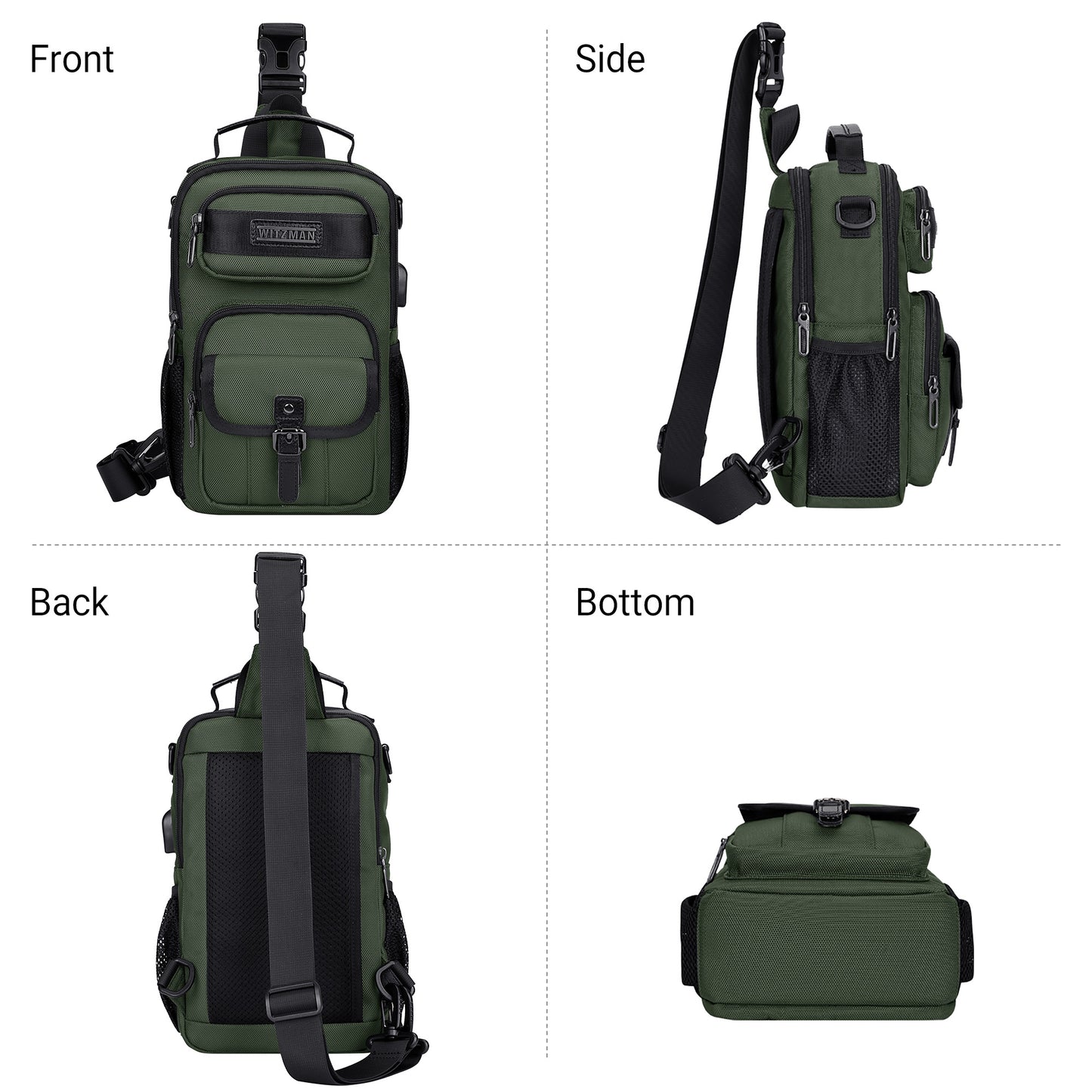 WITZMAN Sling Bag for Men Convertible Travel Sling Backpack USB Charging Port Lightweight Crossbody Bags Casual Daypack（B698）