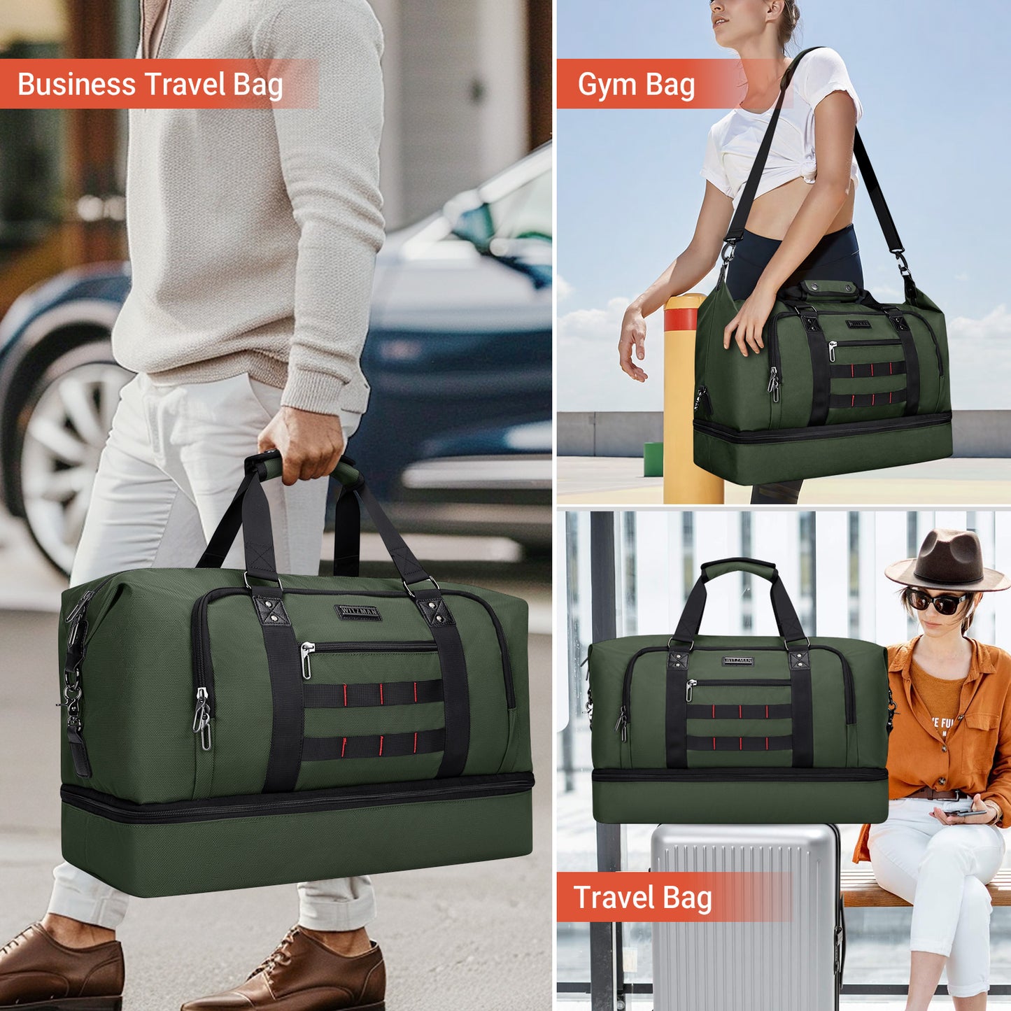WITZMAN Travel Duffle Bags for Men Weekender Bags with Toiletry Bag Sets Carry On Overnight Bag 55L（B696 ）