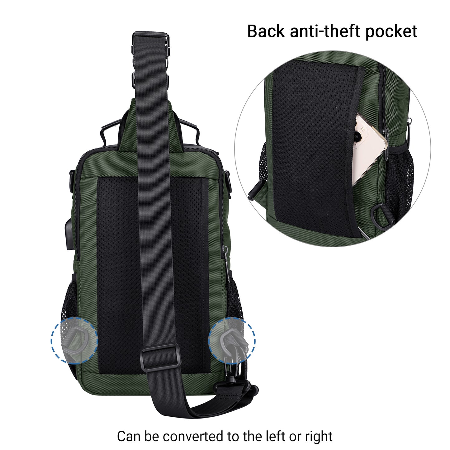 WITZMAN Sling Bag for Men Convertible Travel Sling Backpack USB Charging Port Lightweight Crossbody Bags Casual Daypack（B698）