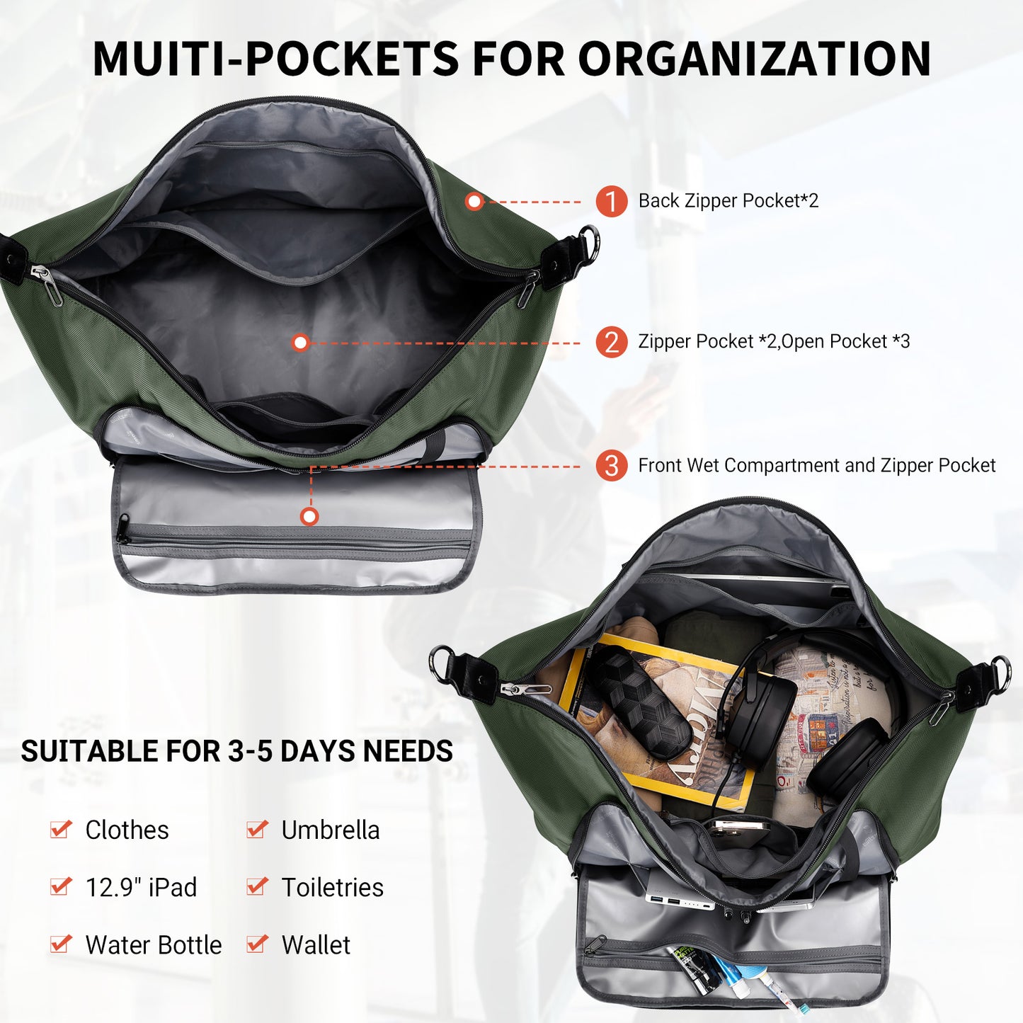 WITZMAN Travel Duffle Bags for Men Weekender Bags with Toiletry Bag Sets Carry On Overnight Bag 55L（B696 ）