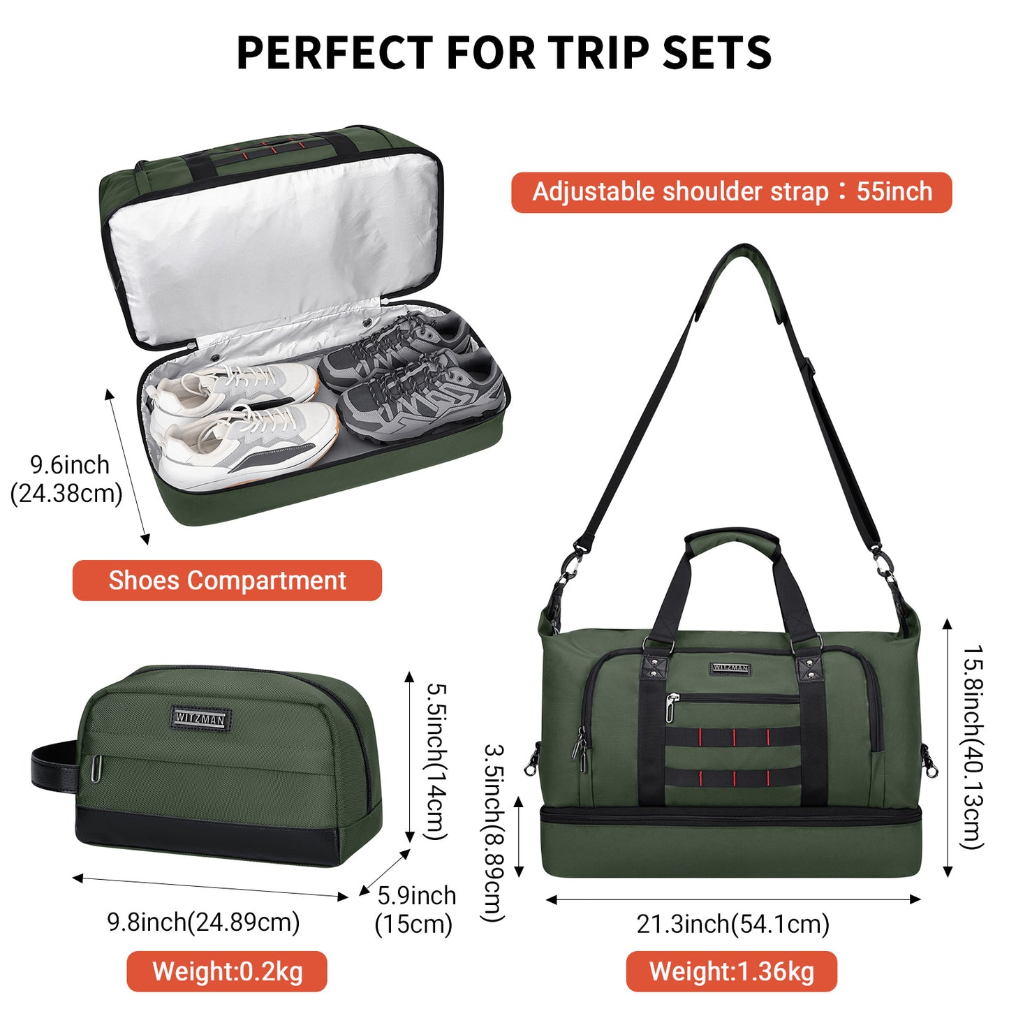 WITZMAN Travel Duffle Bags for Men Weekender Bags with Toiletry Bag Sets Carry On Overnight Bag 55L（B696 ）