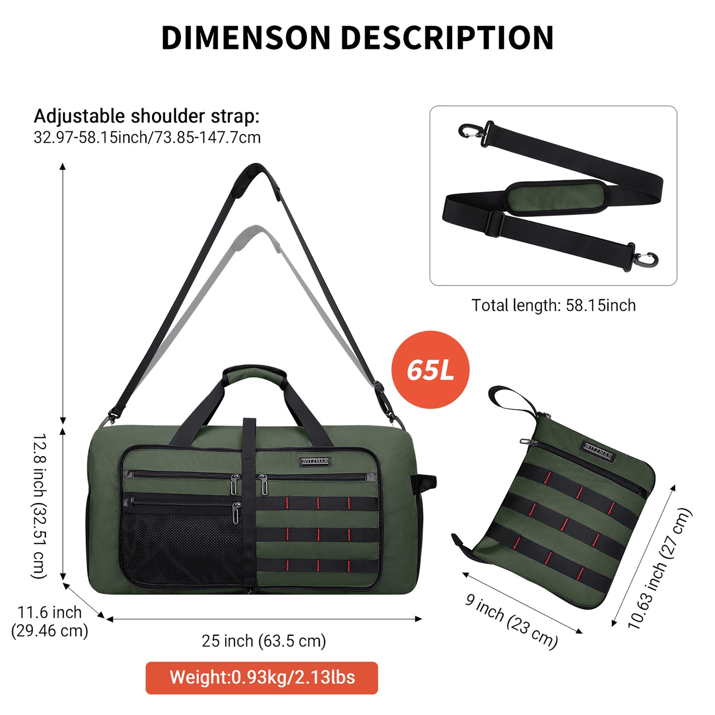 WITZMAN Foldable Duffle Bag for Travel 65L Lightweight Packable Duffel Bag with Shoes Compartment Overnight Bag for Men Women (B697)