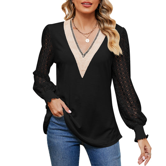 MOMOFEEL Womens Puff Long Sleeve Tunic Tops Lace V Neck Shirts Causal Loose Blouses Pullove M9008