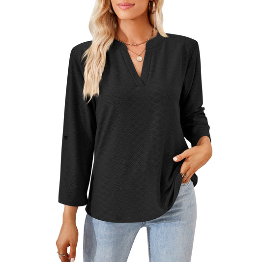 MOMOFEEL Long Sleeve Shirts for Women 3/4 Sleeve Loose Blouses V-neck Tunic Tops Casual M9007
