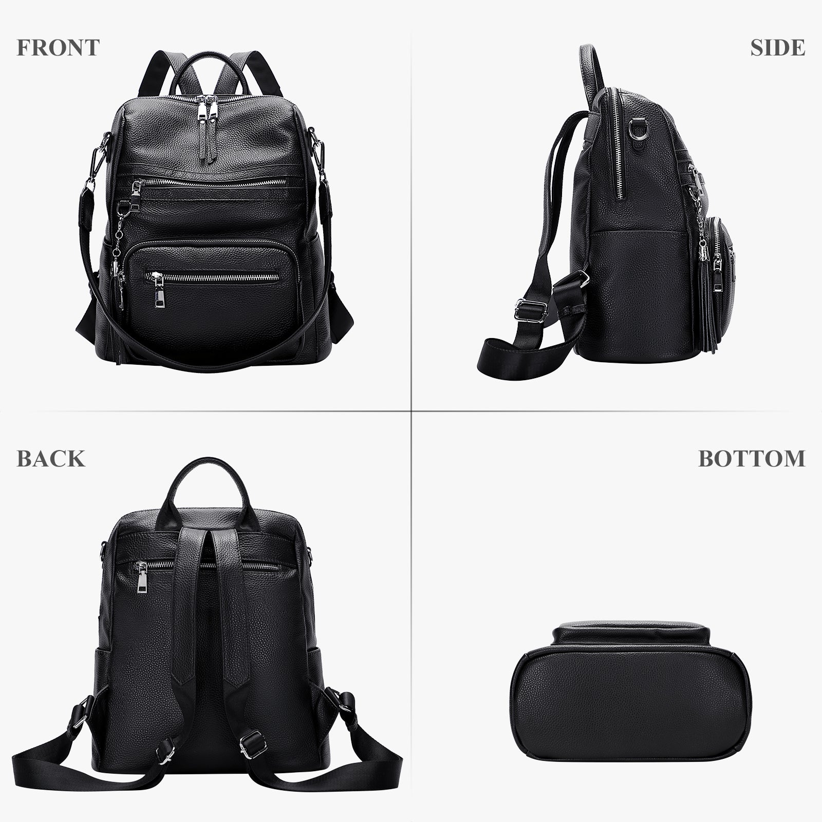 black leather backpack womens with side pockets ALTOSY Genuine Leather Backpack Purse for Women Large Shoulder Bag With Laptop Compartment Multiple Pockets
