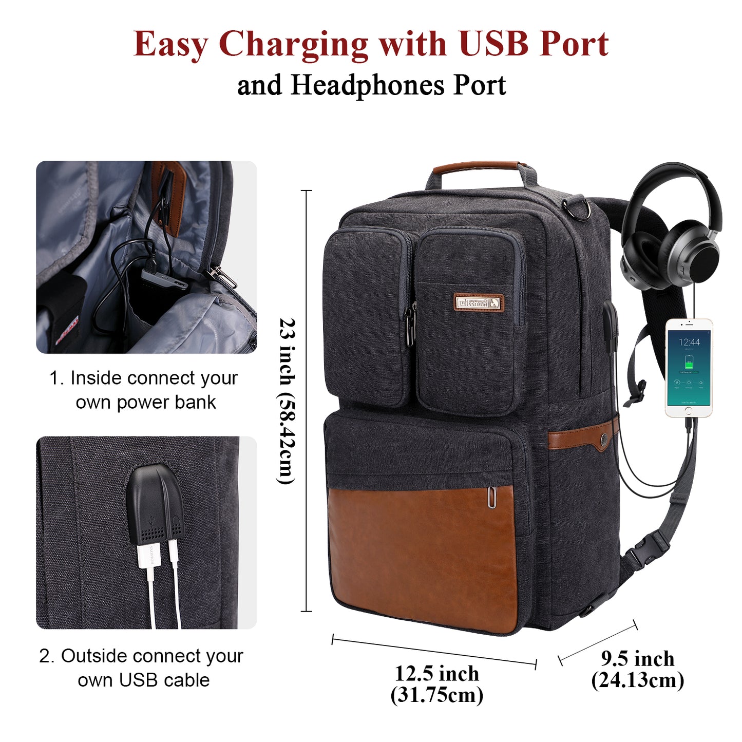WITZMAN Canvas Backpack with USB Port