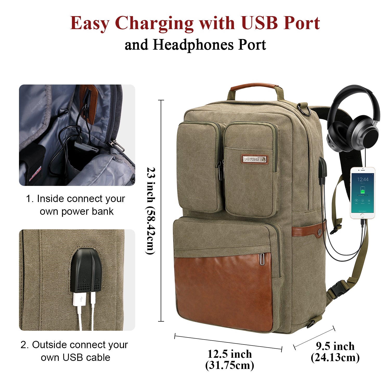 backpack with usb charging port headphone port slim travel backpack WITZMAN Canvas Backpack with USB Charging Port Large Travel Backpack Luggage Duffel Bag for Airplane Carry On Fit 17 inch Laptop for Men Women – ALTOSY